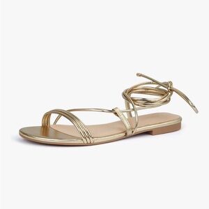PARTY Women's Strappy Sandals Lace Up Flats Open Toe Ankle Strap Shoes, Gold, 9